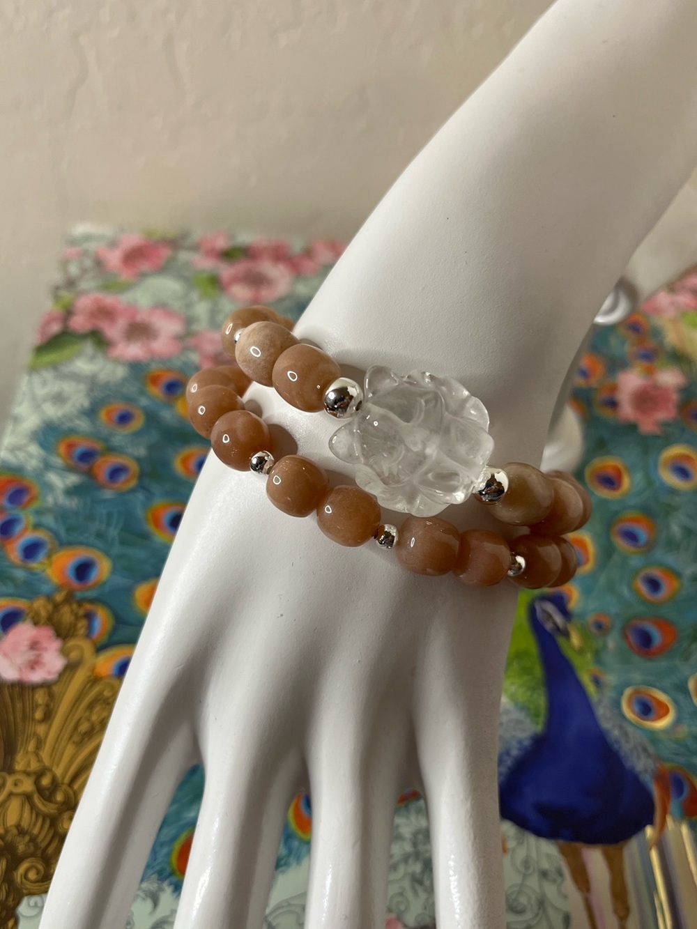 ✨ Handmade Peach Moonstone Bracelet Set • Clear Quartz Nine-Tailed Fox